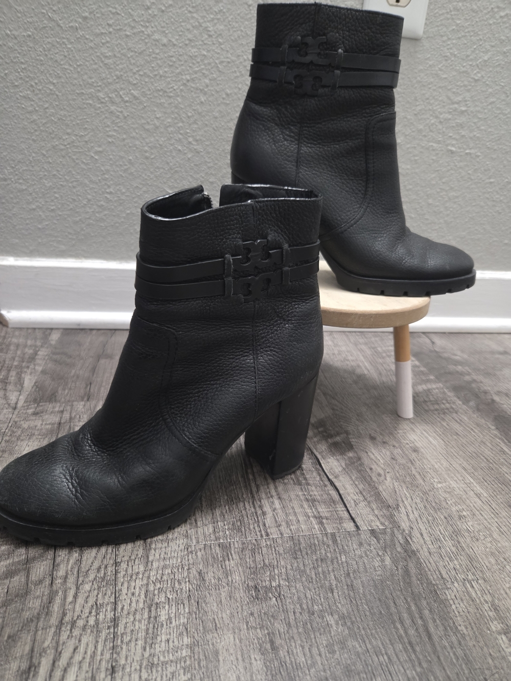 Tory Burch Black Pebbled Leather Logo Strap Ankle Boots
